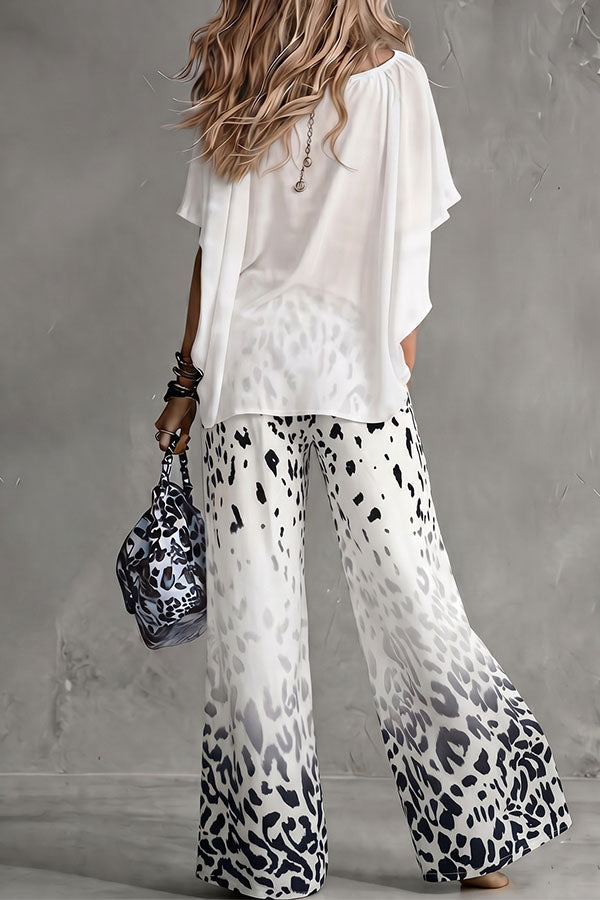 Safari Glam Draped Blouse & Ombre Leopard Wide-Leg Trousers Set