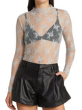 Solid See Through Lace Mock Neck Long Sleeve Tee