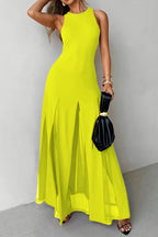 Solid Color Round Neck Sleeveless Slim Fit Sheer Patchwork Hem Maxi Dress