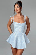 Jacquard Floral Bow Strap Cowl Neck Fit and Flare Mini Dress