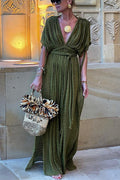Deep V Neck Tie Waist Side Slit Maxi Vacation Dress