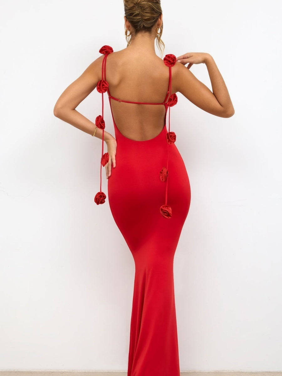Backless 3D Floral Shoulder Strap Satin Formal Dress Red Midi Dresses