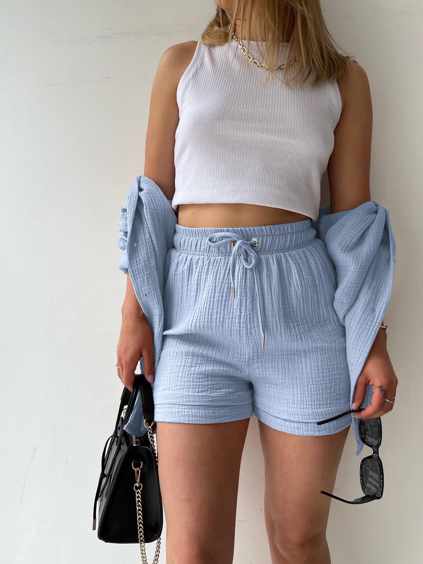 Long-sleeved Shirt And High-waisted Drawstring Shorts Casual Two-piece Set