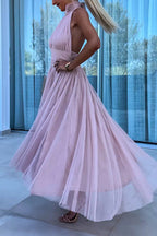 Halter Backless Waisted Tulle Maxi Dress