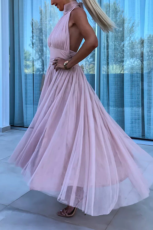 Halter Backless Waisted Tulle Maxi Dress