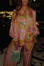 Unique Print Lantern Long Sleeves Blouse Shirt and Wide Leg Pants Holiday Outfit Set