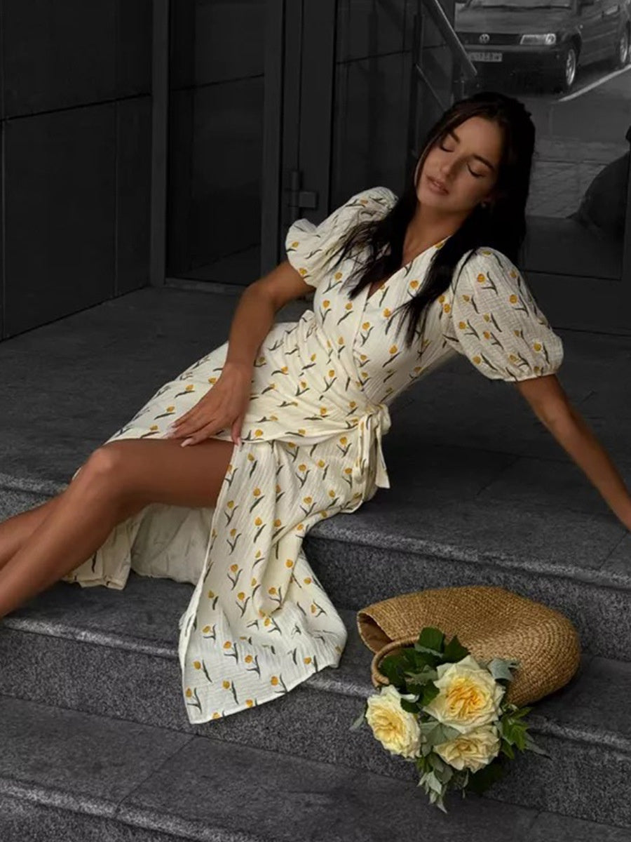 Pure Cotton Bandage Wrap-up Puff Sleeve Printed Comfort Maxi Dresses