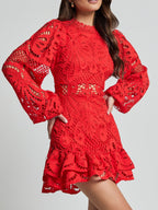 Lantern-style Long-sleeved, Fitted A-line Dress With Ruffled Hem And Water-soluble Lace.