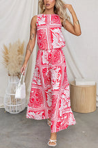 Sleeveless Crop Top and Elastic Waist Wide Leg Pants Printed Set
