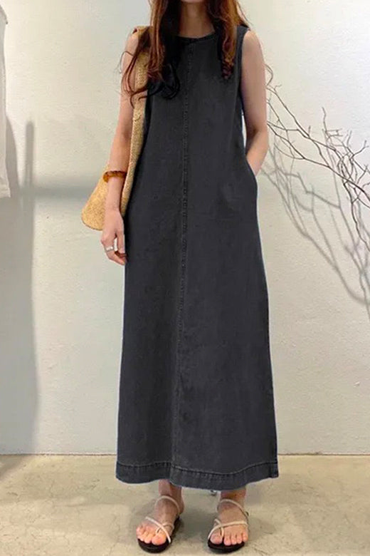 Crewneck Sleeveless Pockets Maxi Denim Dress