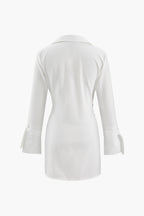 Collar Deep V Neck Tie Cuff Wrap Shirt Mini Dress