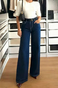 Stylish High-waisted Pocket Casual Straight-leg Wide-leg Jeans