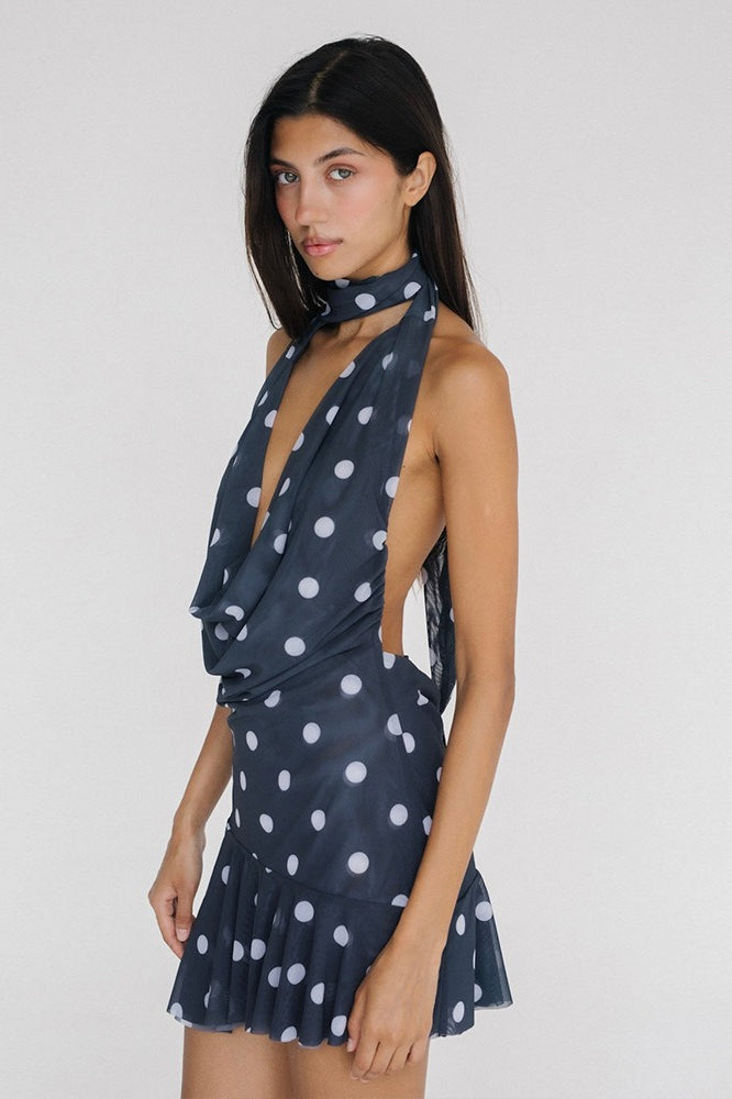 Polka Dot Cowl Neck Halter Backless Ruffle Hem Mini Dress