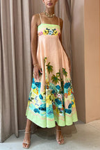 Tropical Palm Print Scallop Trim Spaghetti Strap Maxi Dress