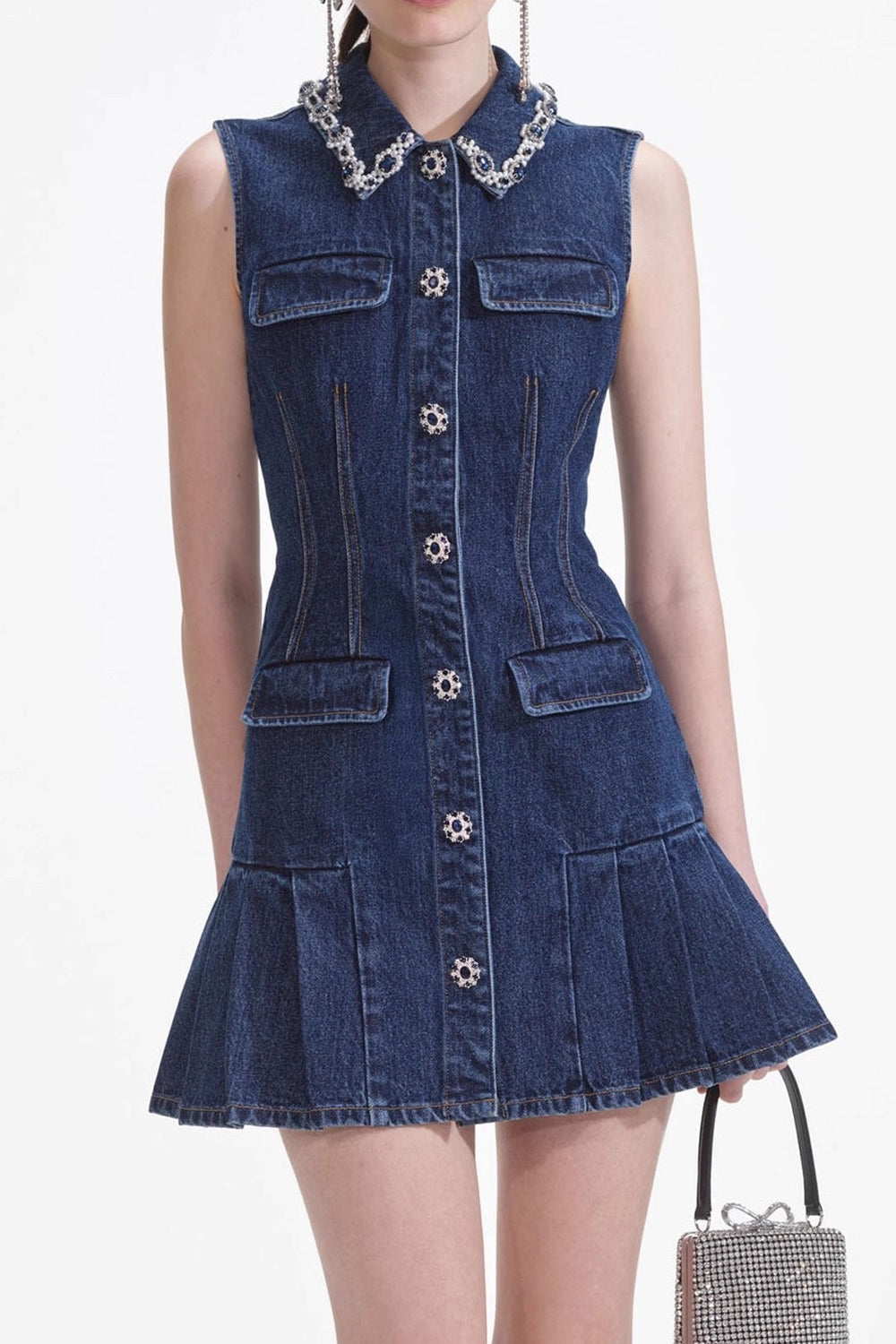 Rhinestone Collar Button Front Pleated Denim Mini Dress