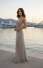 Polka Dot Halter Neck Deep V-Neck Ruched Waist Bodycon Maxi Dress