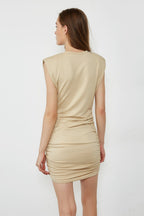 Crew Neck Padded Shoulder Ruched Side Seam Bodycon Mini Dress