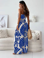 Dark Navy Printed Strapless Sleeveless Polyester Straight Summer One Piece Outfit