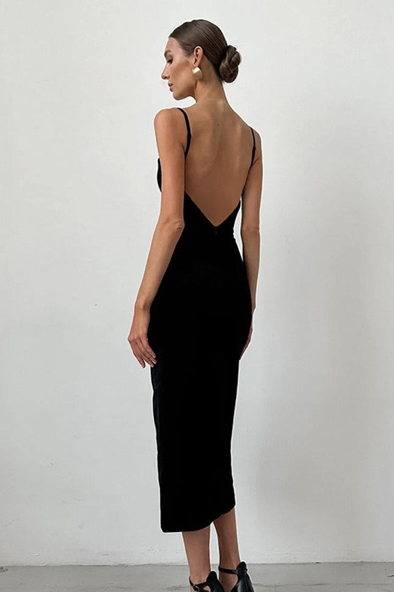 Square Neck Spaghetti Strap Velvet Front Slit Bodycon Midi Dress