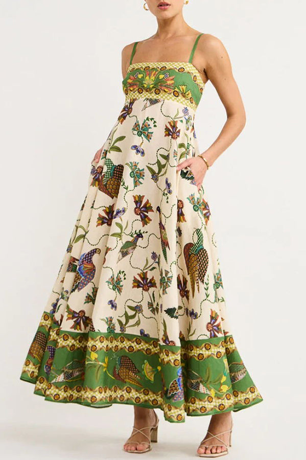 Bird Print Border Hem Spaghetti Strap Fit and Flare Pocket Maxi Dress