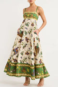 Bird Print Border Hem Spaghetti Strap Fit and Flare Pocket Maxi Dress