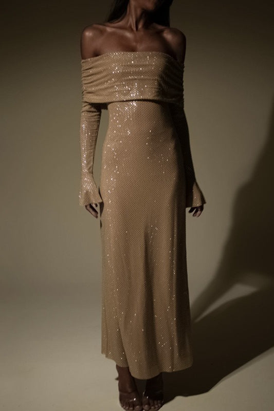 Rhinestone Off Shoulder Long Sleeve Bodycon Midi Dress