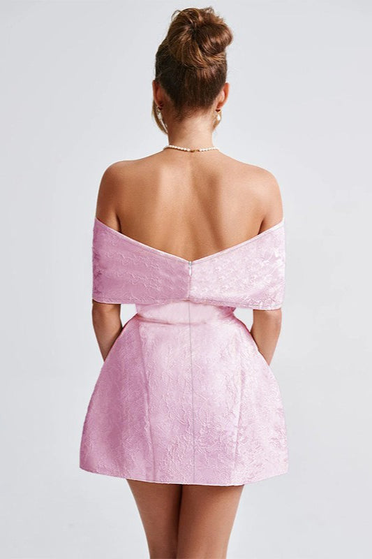 Jacquard Oversized Bow Off Shoulder Fit and Flare Mini Dress