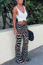 Zebra Print Drawstring Waist Casual Flared Pants