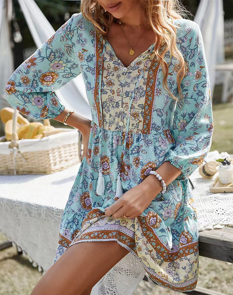Deep V-Neck Floral Border Print Bishop Sleeve Button Front Babydoll Mini Dress