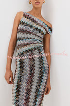 Cocktails and Vacation Knit Colorful Zigzag Pattern One Shoulder Slit Maxi Dress