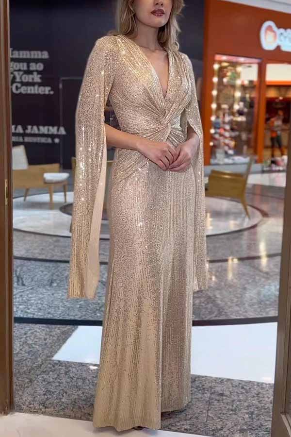 Deep V-Neck Twist Waist Sequin Cape Sleeve Column Maxi Gown