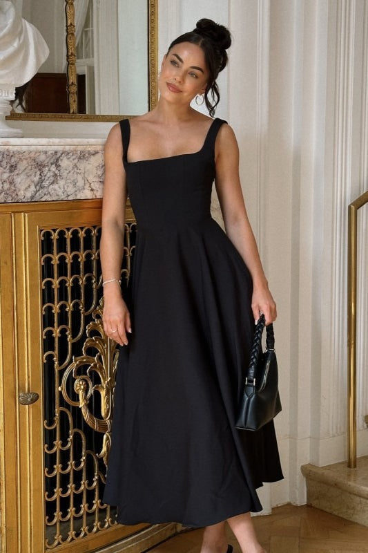 Square Neck Sleeveless Basque Waist A Line Midi Dress