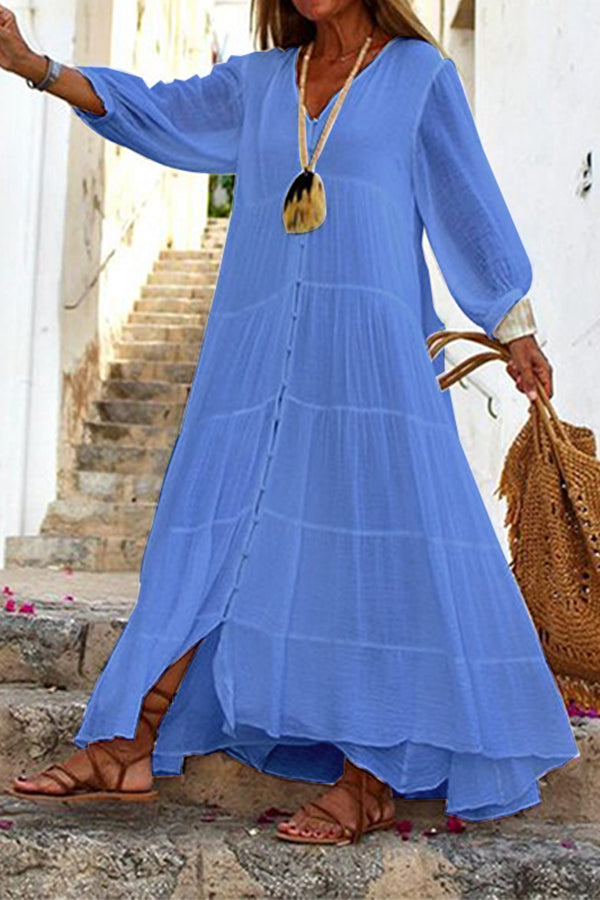 Button Front V-Neck Long Sleeve Tiered Linen Blend Maxi Dress