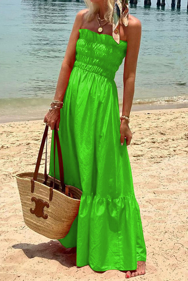 Strapless Smocked Ruffle Trim Tiered Maxi Dress