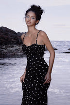 Polka Dot Sweetheart Ruffle Neck Spaghetti Strap Bodycon Maxi Dress
