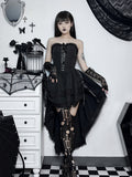 Strapless Corset Hook Front Lace Trim Hi-Low Ruffle Mini Dress