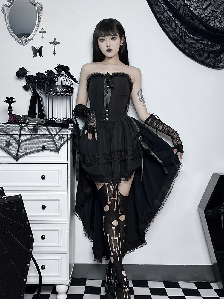 Strapless Corset Hook Front Lace Trim Hi-Low Ruffle Mini Dress