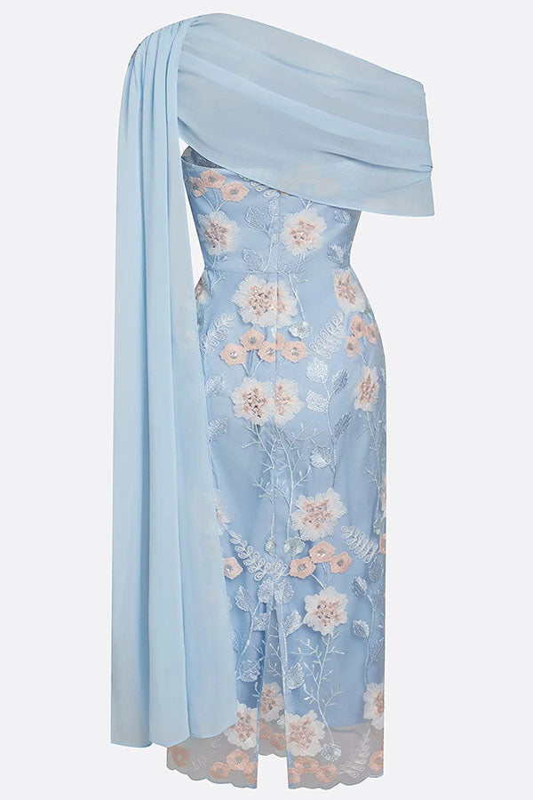 Ellie Ruched Drape Tulle One Shoulder Floral Embroidery Party Midi Dress