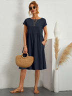 Short Sleeves Midi Shift Dress for Women - Minimalist Solid Color Loose T-shirt Dress with Pockets - Summer Daily Casual 2026