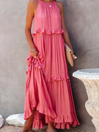 High Neck Smocked Halter Sleeveless Tiered Ruffle Maxi Dress