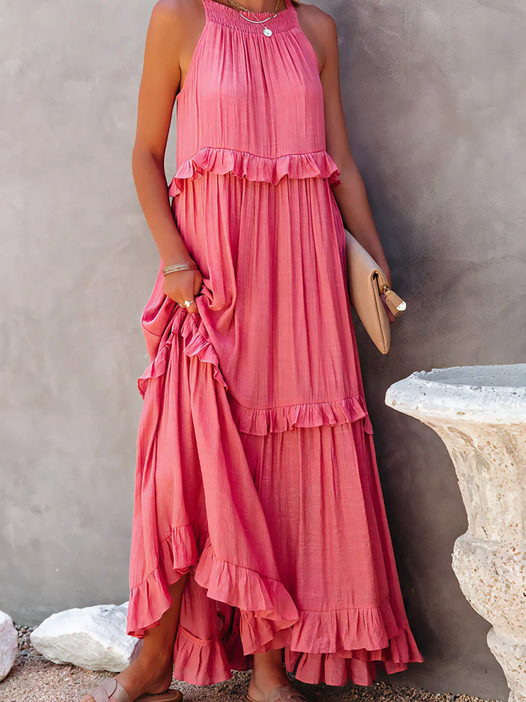 High Neck Smocked Halter Sleeveless Tiered Ruffle Maxi Dress