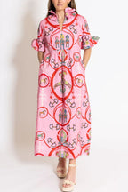 Churchill Social Playful Warhorse Print Stand Neck Ruffle Sleeve Belted Pocket Caftan Midi Dress