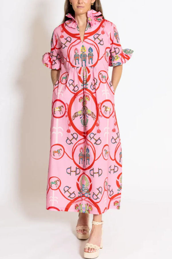 Churchill Social Playful Warhorse Print Stand Neck Ruffle Sleeve Belted Pocket Caftan Midi Dress