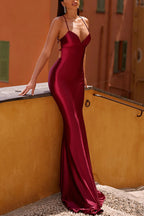 Mermaid Silhouette Satin Back Lace-up Ruched Slip Maxi Dress