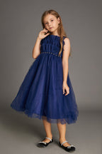 Girls Strapless Ruffled Pearl Embellished Tulle Maxi Mini Dress