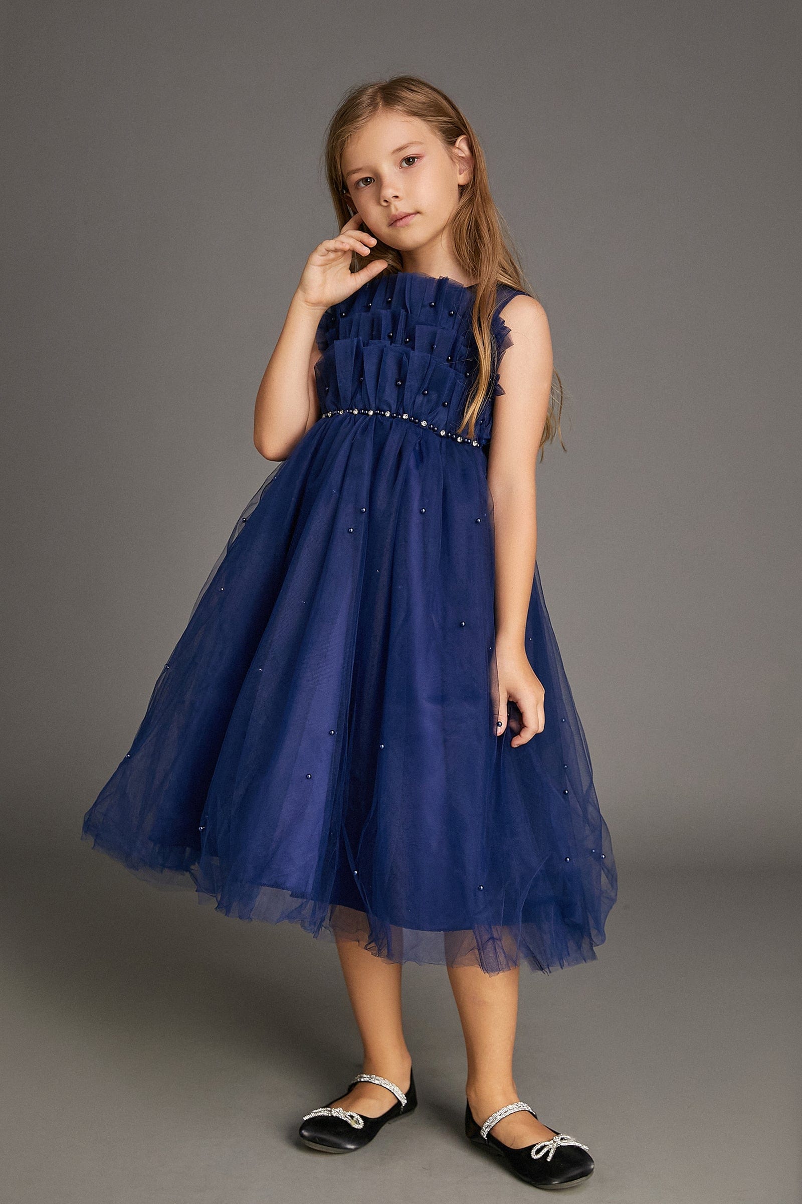 Girls Strapless Ruffled Pearl Embellished Tulle Maxi Mini Dress