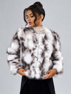 Faux Fur Coats Long Sleeves Casual Faux Fur Jacket Jewel Neck White Women Coat