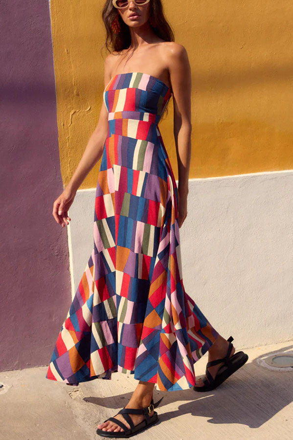 Retro Chic Linen Blend Colorful Color Block Strapless Back Smocked Midi Dress