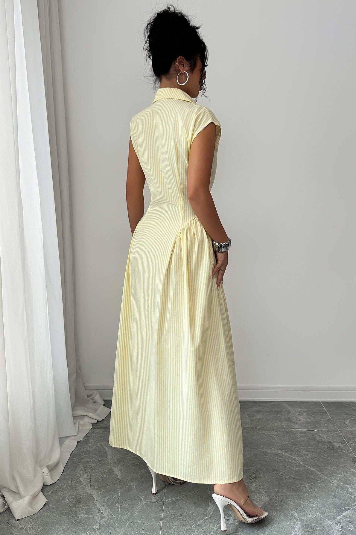 Beige Collared Sleeveless Pinstripe Cinched Waist Slit Maxi Shirt Dress
