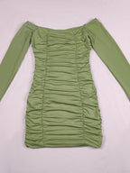 Off-the-shoulder Long-sleeved Pleated Bodycon Short Dress